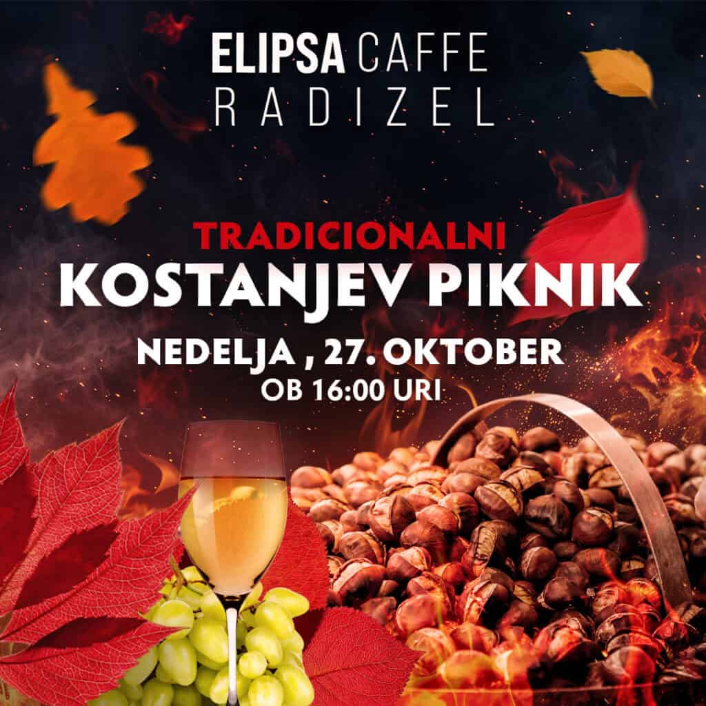 Plakat za Tradicionalni kostanjev piknik v najboljši kavarni v Radizelu - Elipsa Caffe.